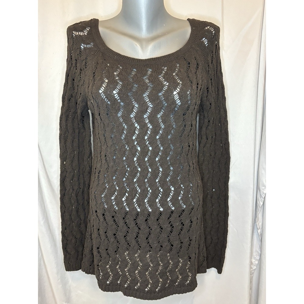 LOFT Crochet Open Knit Sweater Brown Womens L Round Neck L/S Boho Fairy Grunge